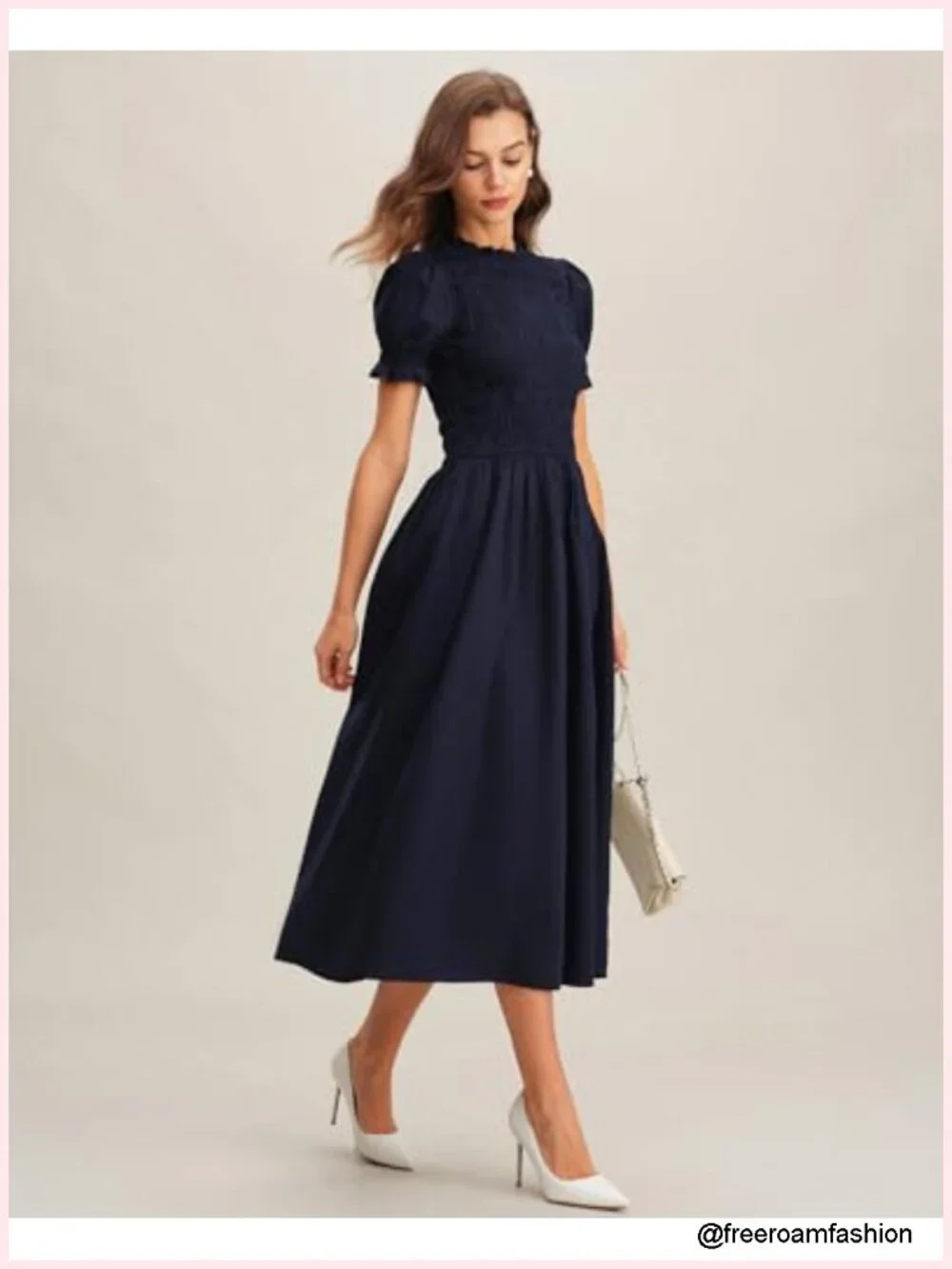 Plaid Gingham Midi Dress with Puff Sleeves, Smocked Bodice, A-Line, Vintage